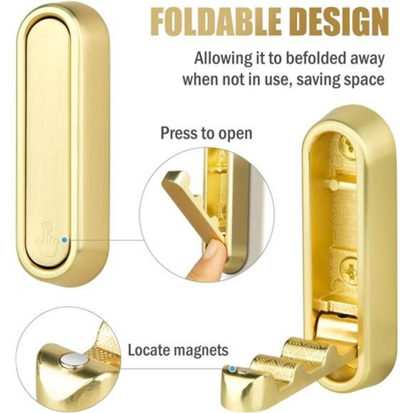 Gold Wall Hooks Foldable Heavy Duty Coat Towel Bag Backpack Hangers Set of 4 Pc - Picture 4 of 8